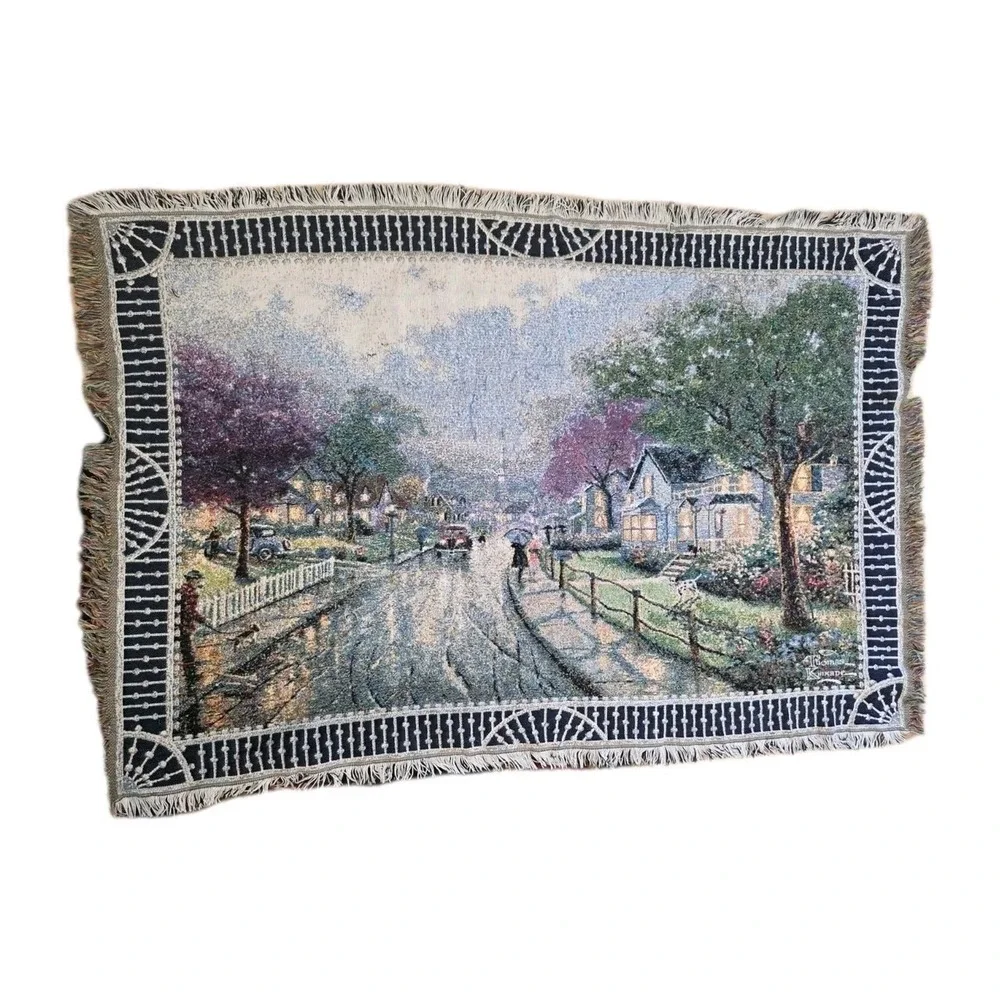 Thomas Kinkade Woven Tapestry Throw Blanket Rainy Neighborhood